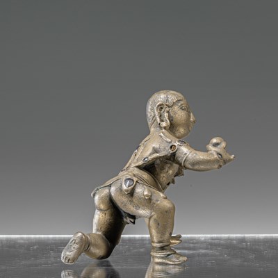 Lot 57 - BABY KRISHNA BRONZE WITH SILVER INLAYS INDIA 18TH CENTURY