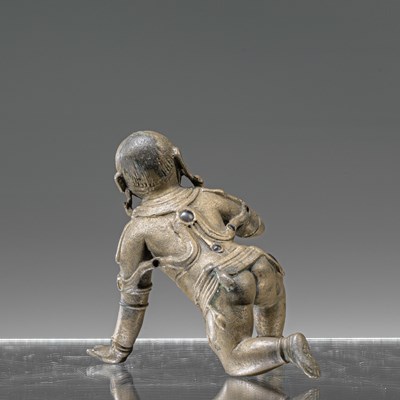 Lot 57 - BABY KRISHNA BRONZE WITH SILVER INLAYS INDIA 18TH CENTURY