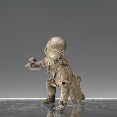 Lot 57 - BABY KRISHNA BRONZE WITH SILVER INLAYS INDIA 18TH CENTURY