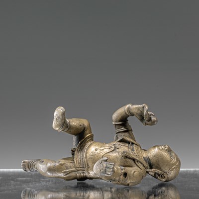 Lot 57 - BABY KRISHNA BRONZE WITH SILVER INLAYS INDIA 18TH CENTURY