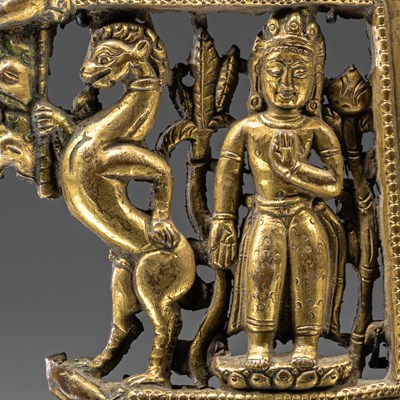 Lot 49 - STANDING PADMAPANI GILT REPOUSSE RELIEF TIBET 16TH CENTURY