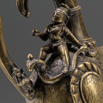 Lot 92 - EXTREMELY RARE BRONZE EWER WITH KRISHNA AND HANUMAN INDIA 18TH CENTURY