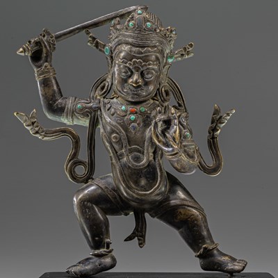 Lot 83 - RARE STANDING TIBETAN 13TH CENTURY ACALA WITH SEMI PRECIOUS STONES