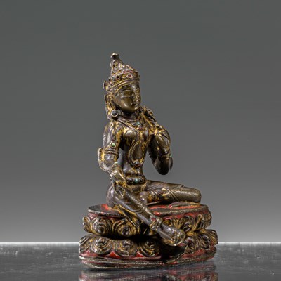 Lot 72 - SEATED REST GILT AND LACQUERED BRONZE TARA NEPAL 15TH CENTURY