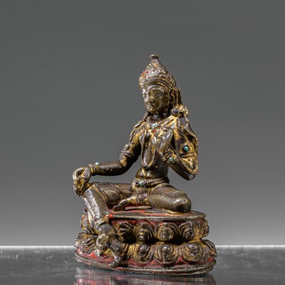 Lot 72 - SEATED REST GILT AND LACQUERED BRONZE TARA NEPAL 15TH CENTURY