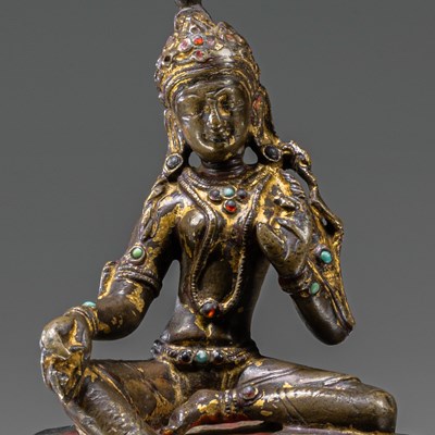 Lot 72 - SEATED REST GILT AND LACQUERED BRONZE TARA NEPAL 15TH CENTURY