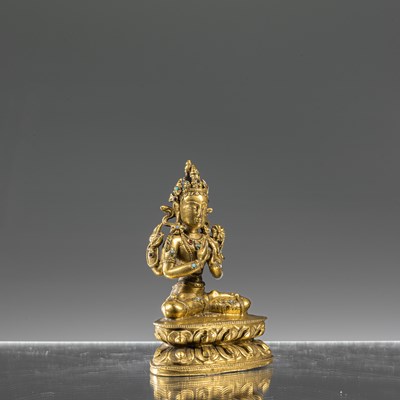 Lot 5 - SWEET SHADAKSHARI LOKESHVARA BRONZE GILT TIBETAN 15TH CENTURY