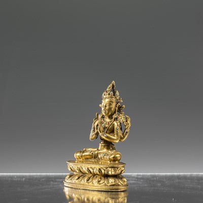 Lot 5 - SWEET SHADAKSHARI LOKESHVARA BRONZE GILT TIBETAN 15TH CENTURY