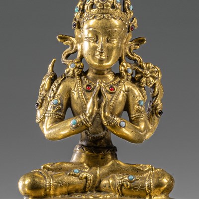 Lot 5 - SWEET SHADAKSHARI LOKESHVARA BRONZE GILT TIBETAN 15TH CENTURY