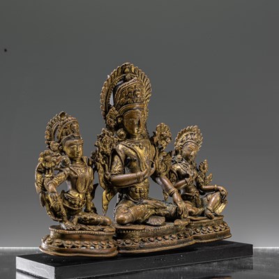 Lot 39 - GROUP OF THREE NEPALESE 16TH CENTURY BRONZE SCULPTURES (INDRA + CONSORTS)