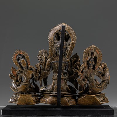 Lot 39 - GROUP OF THREE NEPALESE 16TH CENTURY BRONZE SCULPTURES (INDRA + CONSORTS)
