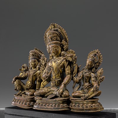 Lot 39 - GROUP OF THREE NEPALESE 16TH CENTURY BRONZE SCULPTURES (INDRA + CONSORTS)