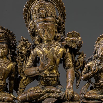 Lot 39 - GROUP OF THREE NEPALESE 16TH CENTURY BRONZE SCULPTURES (INDRA + CONSORTS)