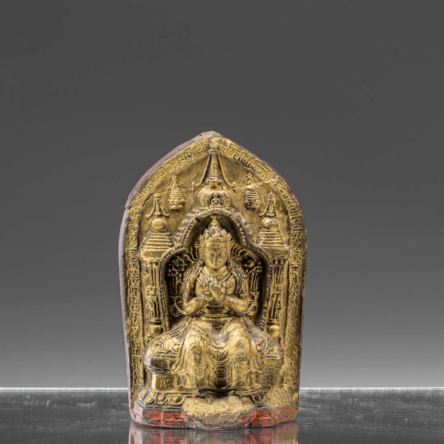 Lot 34 - CLAY TSA TSA BUDDHA MAITREYA TIBET 19TH CENTURY WITH LONG INSCRIPTION