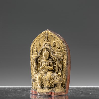 Lot 34 - CLAY TSA TSA BUDDHA MAITREYA TIBET 19TH CENTURY WITH LONG INSCRIPTION