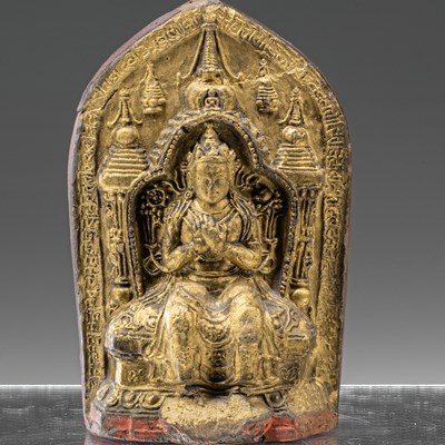 Lot 34 - CLAY TSA TSA BUDDHA MAITREYA TIBET 19TH CENTURY WITH LONG INSCRIPTION