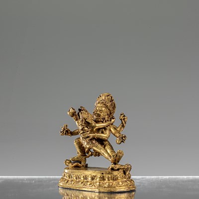 Lot 79 - GIL BRONZE NYINGSHUK MAHAKALA WITH SHAKTI NEPAL 18TH CENTURY