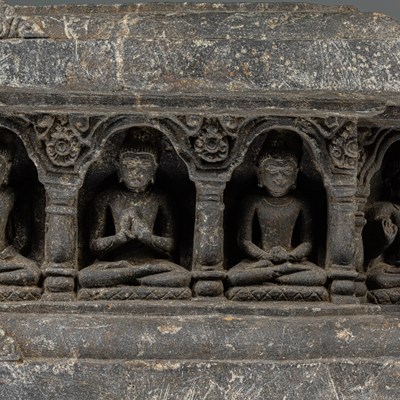 Lot 89 - STUPA BASE DEPICTING FOUR BUDDHAS BLACKSTONE PALA INDIA 12TH CENTURY