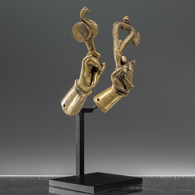 Lot 70 - TWO INDIAN 19TH CENTURY BRONZE HANDS WITH ATTRIBUTES