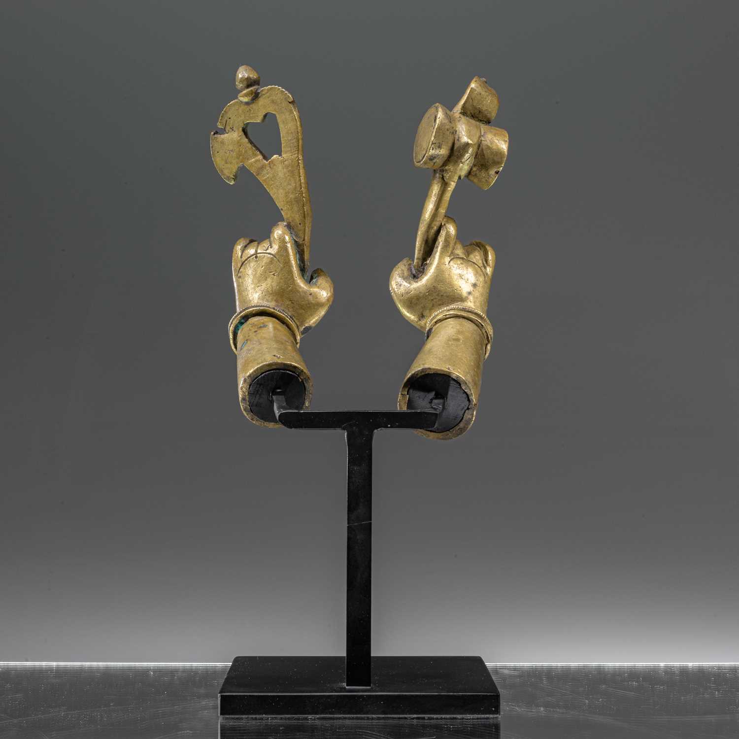 Lot 70 - TWO INDIAN 19TH CENTURY BRONZE HANDS WITH ATTRIBUTES