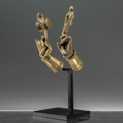Lot 70 - TWO INDIAN 19TH CENTURY BRONZE HANDS WITH ATTRIBUTES