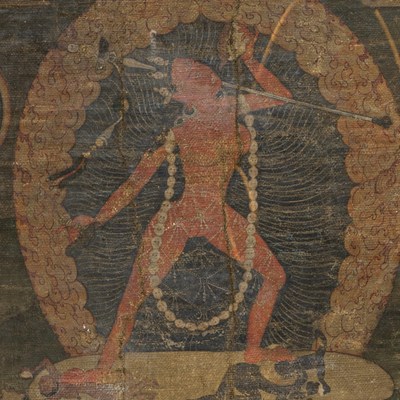 Lot 125 - THANGKA DEPICTING STANDING SARVABUDDHA-DAKINI SURROUNDED BY SCULPTURES TIBET 18TH CENTURY