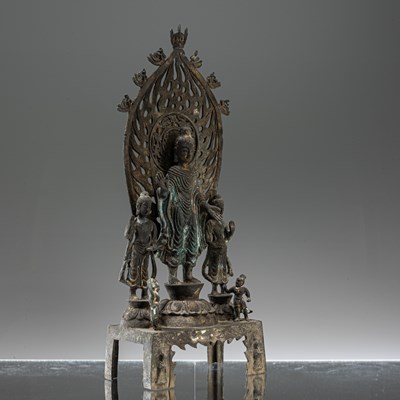 Lot 30 - STANDING TANG STYLE BRONZE GUANYIN FLANKED BY CONSORTS