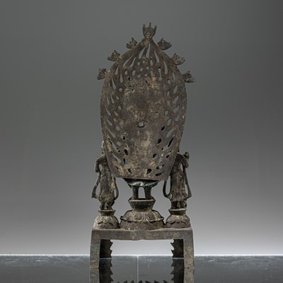 Lot 30 - STANDING TANG STYLE BRONZE GUANYIN FLANKED BY CONSORTS