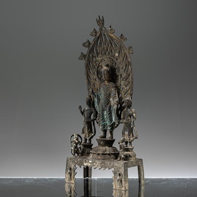 Lot 30 - STANDING TANG STYLE BRONZE GUANYIN FLANKED BY CONSORTS