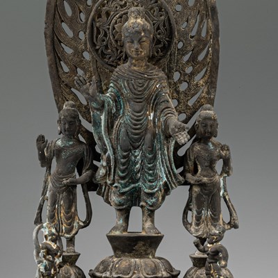 Lot 30 - STANDING TANG STYLE BRONZE GUANYIN FLANKED BY CONSORTS
