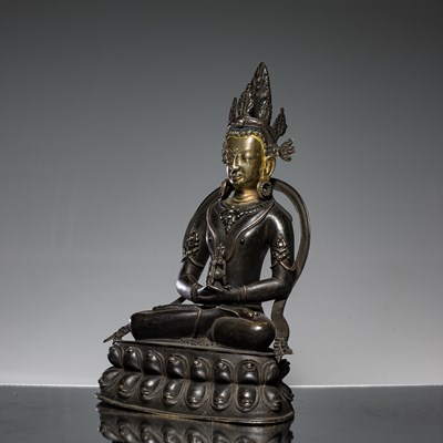Lot 8 - BRONZE AMITAYUS WITH INLAYS TIBET ABOUT1900