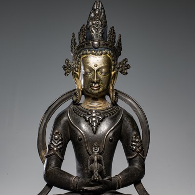 Lot 8 - BRONZE AMITAYUS WITH INLAYS TIBET ABOUT1900