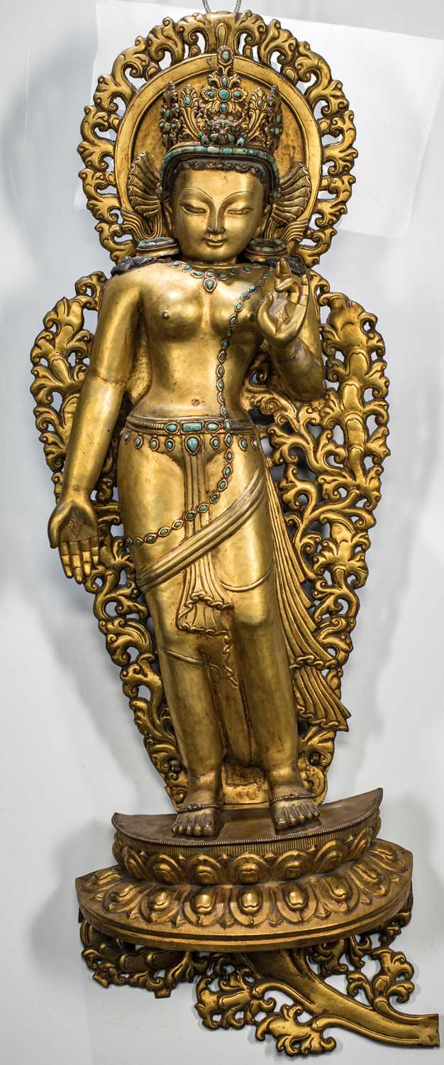 Lot 14 - STANDING NEPALESE GILT COPPER REPOUSSE TARA 19TH CENTURY