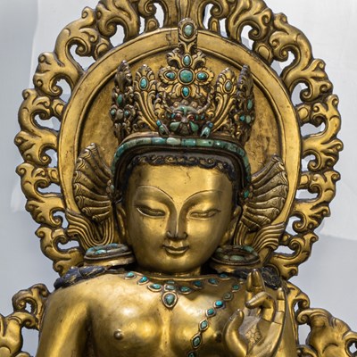 Lot 14 - STANDING NEPALESE GILT COPPER REPOUSSE TARA 19TH CENTURY