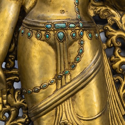 Lot 14 - STANDING NEPALESE GILT COPPER REPOUSSE TARA 19TH CENTURY