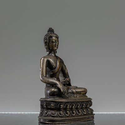 Lot 24 - SEATED BRONZE COPPER INLAID BUDDHA TIBET 15TH CENTURY