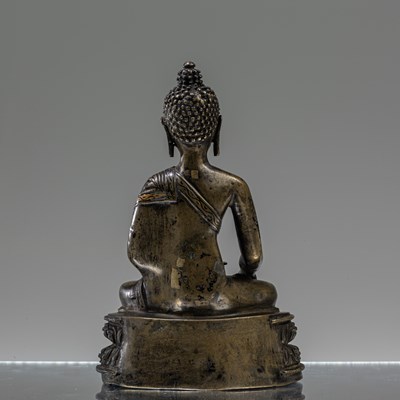 Lot 24 - SEATED BRONZE COPPER INLAID BUDDHA TIBET 15TH CENTURY