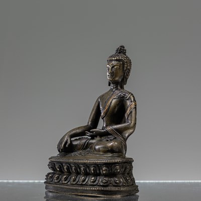 Lot 24 - SEATED BRONZE COPPER INLAID BUDDHA TIBET 15TH CENTURY