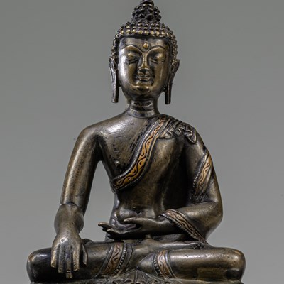 Lot 24 - SEATED BRONZE COPPER INLAID BUDDHA TIBET 15TH CENTURY