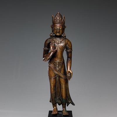 Lot 33 - STANDING BRONZE PARTIAL GILT PADMAPANI 17TH CENTURY NEPAL REVIVAL