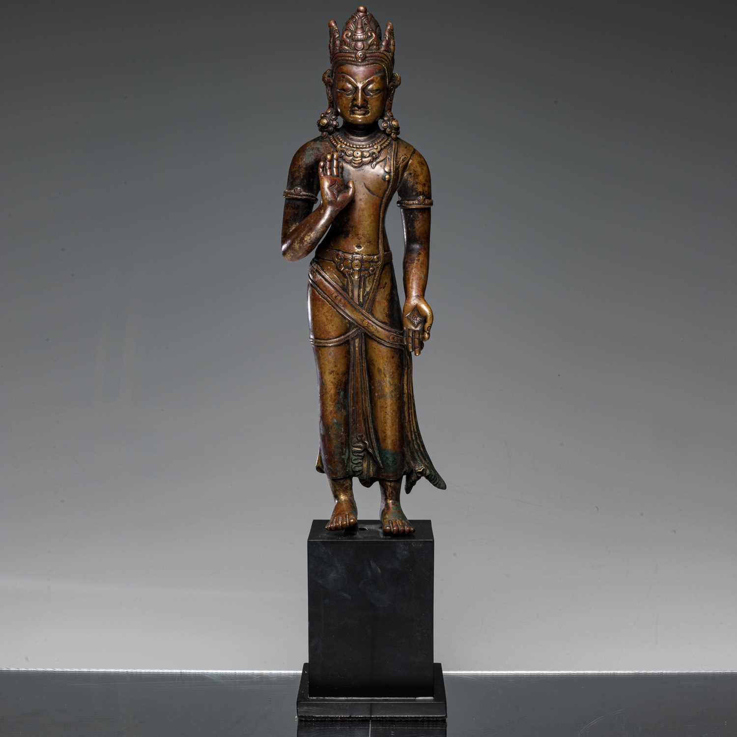 Lot 33 - STANDING BRONZE PARTIAL GILT PADMAPANI 17TH CENTURY NEPAL REVIVAL
