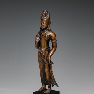 Lot 33 - STANDING BRONZE PARTIAL GILT PADMAPANI 17TH CENTURY NEPAL REVIVAL