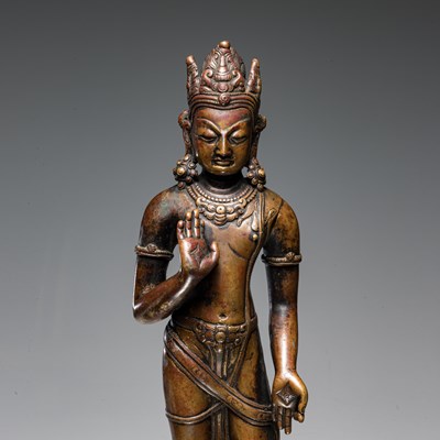 Lot 33 - STANDING BRONZE PARTIAL GILT PADMAPANI 17TH CENTURY NEPAL REVIVAL