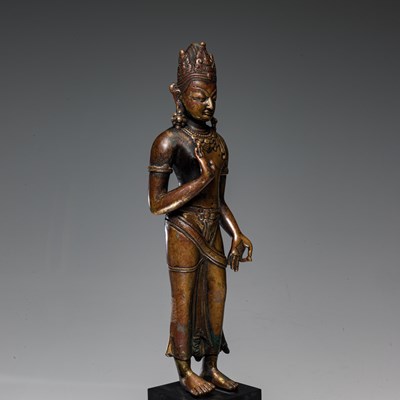 Lot 33 - STANDING BRONZE PARTIAL GILT PADMAPANI 17TH CENTURY NEPAL REVIVAL