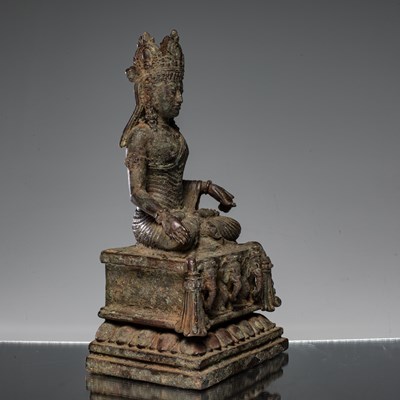 Lot 2 - SEATED BRONZE BUDDHA ON THRONE KASHMIR 12TH CENTURY