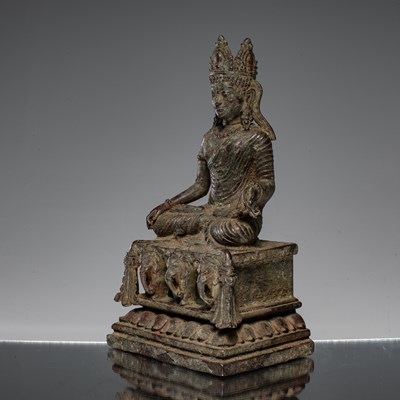 Lot 2 - SEATED BRONZE BUDDHA ON THRONE KASHMIR 12TH CENTURY