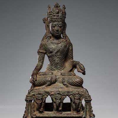 Lot 2 - SEATED BRONZE BUDDHA ON THRONE KASHMIR 12TH CENTURY