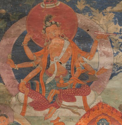 Lot 25 - THANGKA DEPICTING VASUDHARA TIBET 18TH TO 19TH CENTURY