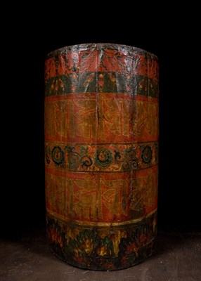 Lot 69 - LARGE TEMPLE PRAYER WHEEL TIBET WOOD WITH LEATHER PAINTED TIBET 18TH CENTURY