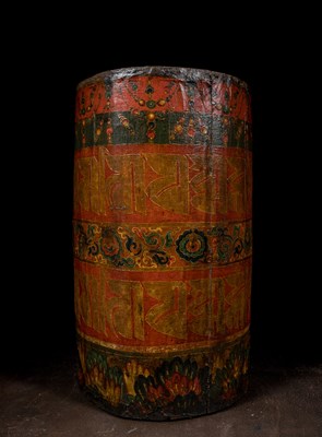 Lot 69 - LARGE TEMPLE PRAYER WHEEL TIBET WOOD WITH LEATHER PAINTED TIBET 18TH CENTURY